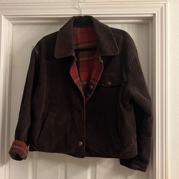 Xhiliration utility jacket. Large wale corduroy and red/brown plaid. - Picture 1 of 5